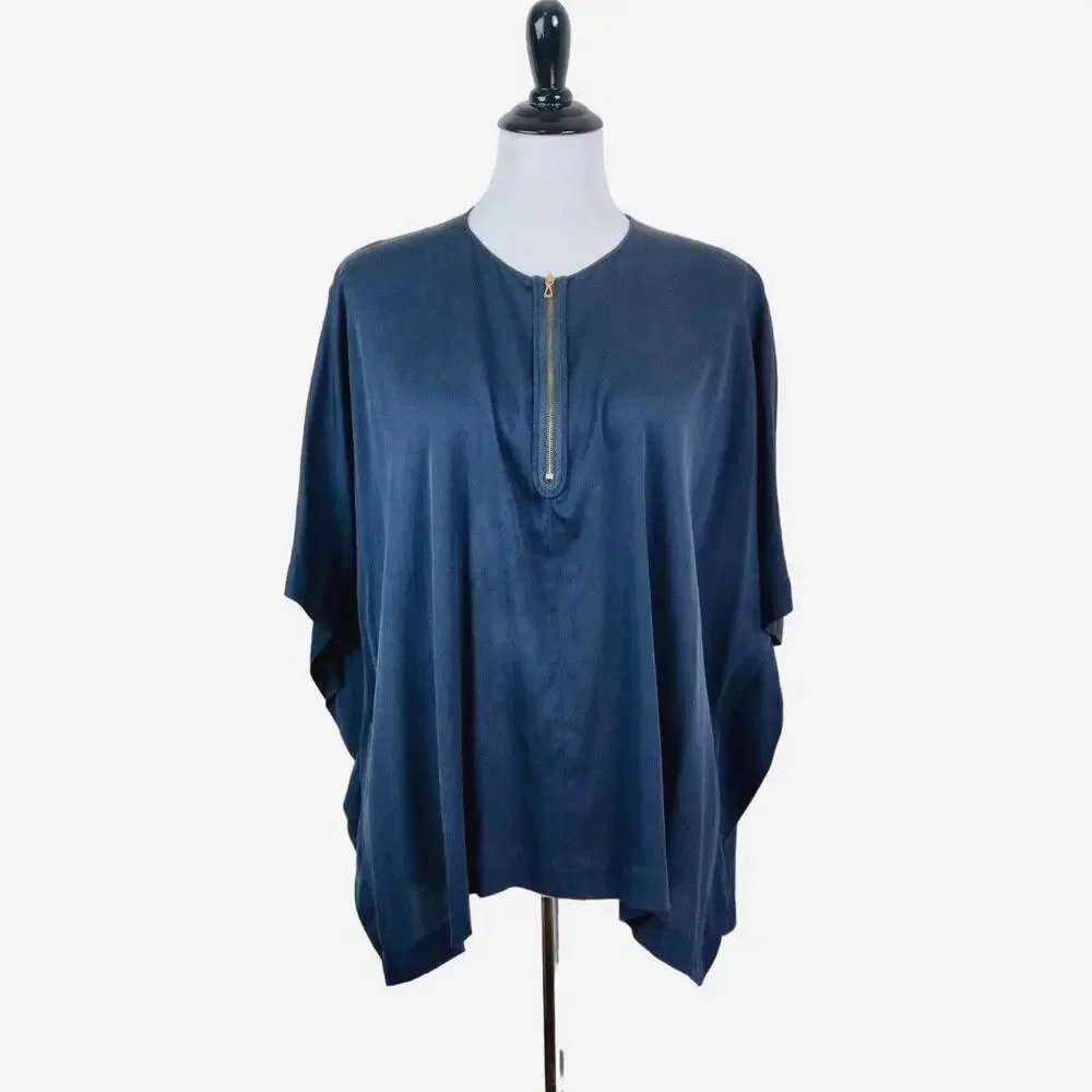 Vince Size S Stretch Silk Satin Boxy Blouse Gold Zipper Neck Navy Blue